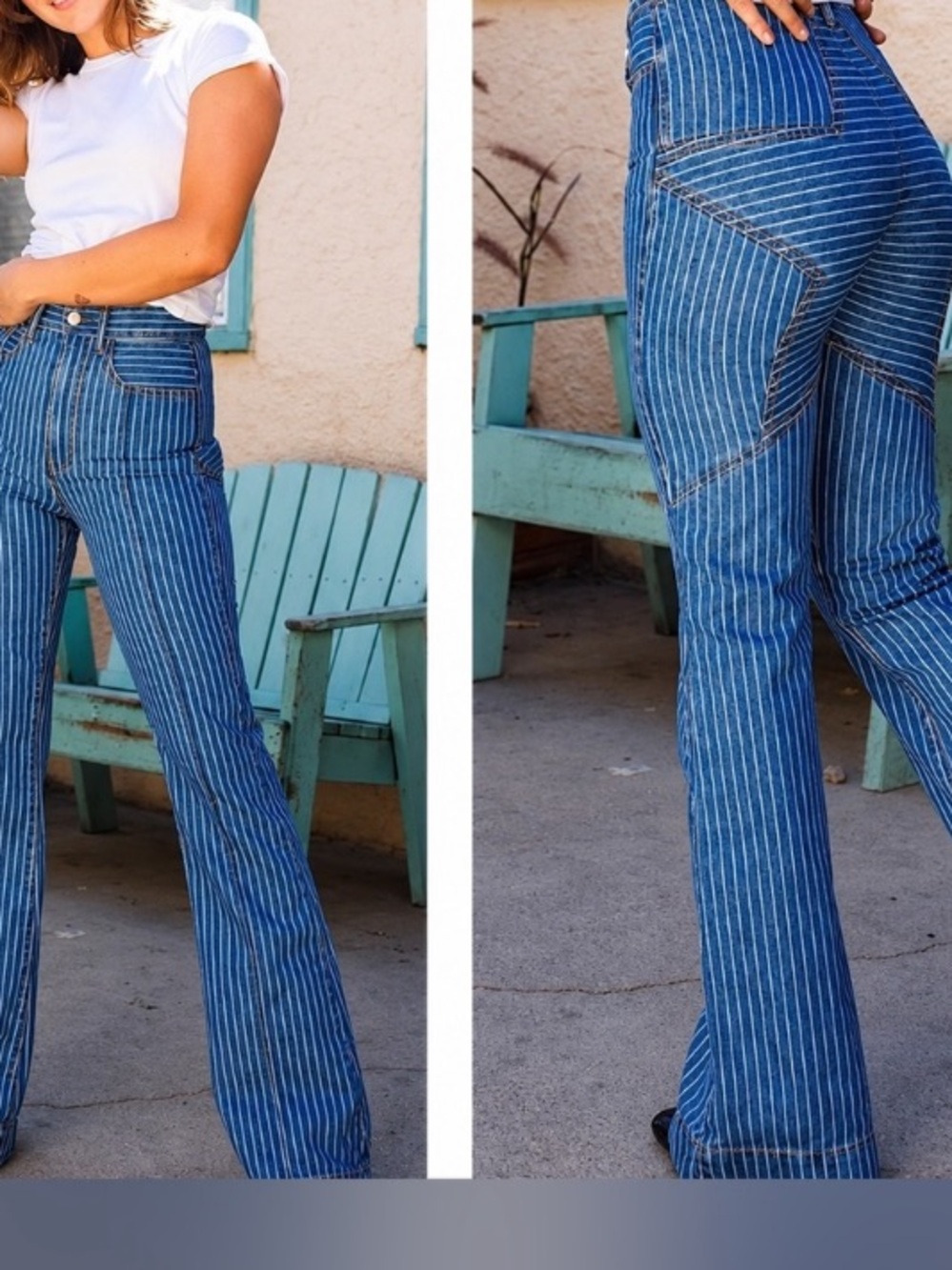 Revice Striped High-Rise Flare Jeans - Blue